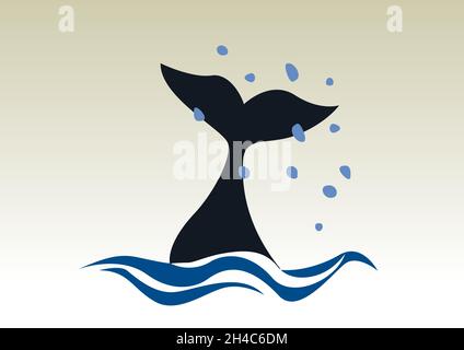 Whale diving with splashes of sea. Tail and drops water. Retro vector background and illustration. Stock Vector