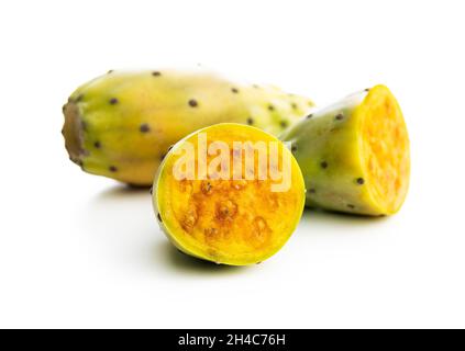 Raw prickly pears. Opuntia or indian fig cactus isolated on white background. Stock Photo