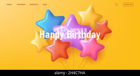 Birthday banner with bunch of colourful star shaped balloons, 3d volume cartoon style graphics on yellow background Stock Vector