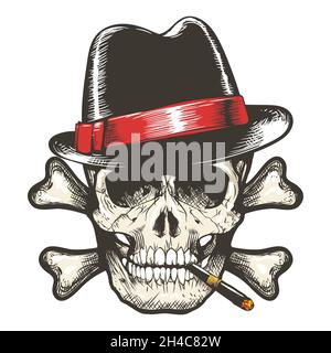 Tattoo of Skull in Gangster Hat Smoking Cigar. Vector illustration. Stock Vector