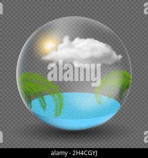 Crystal ball with sea palms and clouds inside on transparent background Stock Vector