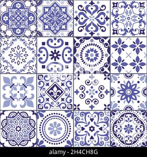 Portuguese and Spanish azulejo tiles seamless vector pattern collection in purple and white, traditional floral design big set inspired by tile Stock Vector