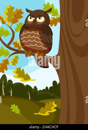 Poster with owl sitting on tree. Illustration in cartoon style. Stock Vector