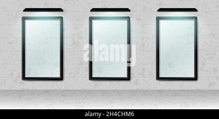 Three Realistic White Poster Mockup on the wall. Empty White Vector Poster Template with Shadow Effect. 3D Illustration. Stock Vector