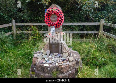 Memorial to the crew of an American Liberator bomber killed when it crashed at this spot at Porlock Marsh, Somerset, England, in 1942 Stock Photo