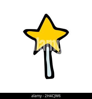 Doodle candy in the shape of a star. Lollipop isolated on white background. Hand-drawn yellow sweet dessert with a stick for kids space party, Easter, Stock Vector