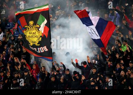 BOLOGNA, ITALY - November 01: Fans of Bologna FC ,during the Serie A match between Bologna FC and Cagliari Calcio at Stadio Renato Dall'Ara on November 01, 2021 in Bologna, Italy. (Photo by MB Media) Stock Photo
