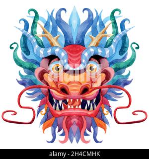 Dragon chinese horoscope character isolated on white background. Red and blue reptile watercolor illustration. Stock Vector