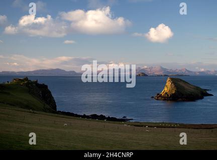 The Tulm Island, Duntulm Bay and the castle ruins on the Isle of Skye, Scotland Stock Photo