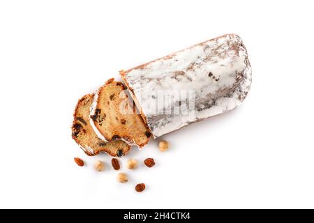 Traditional German Christmas stollen isolated on white background Stock Photo