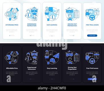 Driving school benefits dark, light onboarding mobile app page screen Stock Vector