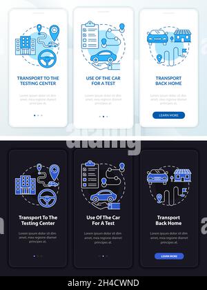 Road test services dark, light onboarding mobile app page screen Stock Vector