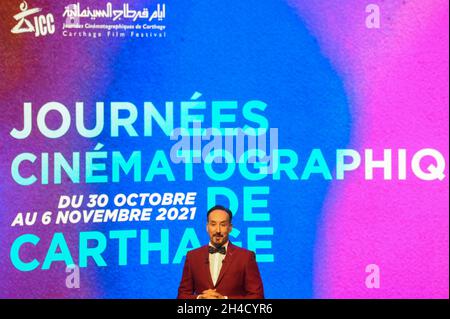Tunis, Tunisia. 30th Oct, 2021. Tunis, Tunisia. 30 October 2021. The 32nd session of the Carthage Film Festival begins in Tunis, with 45 countries, of which 28 African and 17 Arab, taking part in the event. The Chartage Film Festival, also known as ''Cinema Days of Chartage'' in Arabic, was created in 1966 to highlight the important contributions by African and Arab Cinema. This edition, which includes 14 Tunisian films, also sheds light on films by the Francophone world. The main prize awarded is the Golden Tanit named after the Phoenician goddess (Credit Image: © Hasan Mrad/IMAGESLIVE via Stock Photo