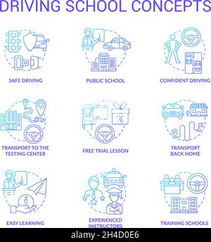 Driving school blue gradient concept icons set Stock Vector