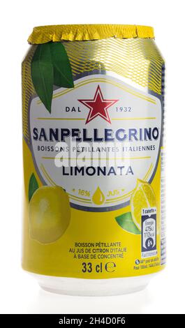 Can of Italian San Pellegrino Limonata sparkling drink isolated on a white background Stock Photo