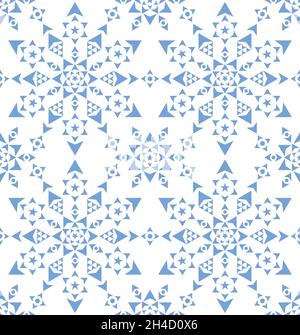 Christmas geometric snowflake and stars vector seamless pattern, winter textile or fabric print in blue on white background Stock Vector