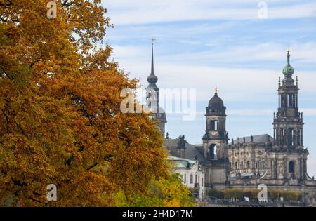Dresden, Germany. 02nd Nov, 2021. The leaves of the trees on the terrace bank in front of the old town scenery with the Hausmannsturm (l-r), the Ständehaus and the Hofkirche are autumnally coloured. Credit: Robert Michael/dpa-Zentralbild/dpa/Alamy Live News Stock Photo