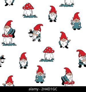 Seamless vector pattern with garden gnomes on white background. Simple hand drawn elf wallpaper design. Decorative repeat fashion textile. Stock Vector