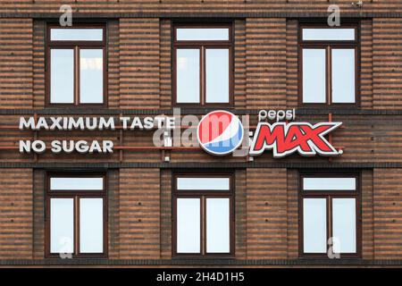 Copenhagen, Denmark - August 20, 2020: Pepsi max logo on a wall. Pepsi max is a low-calorie, sugar-free cola, marketed by PepsiCo Stock Photo