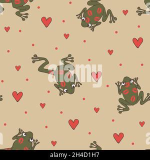 Seamless vector pattern with frogs and love hearts on pink background. Valentine day wallpaper design with kiss me frog prince. Animal themed. Stock Vector