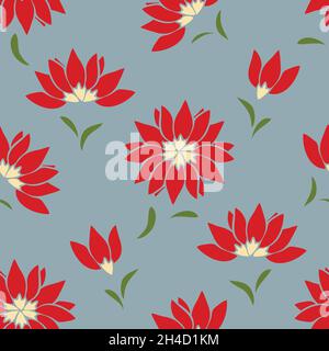 Seamless vector pattern with red flowers on grey background. Simple floral wallpaper design. Decorative romantic blossom fashion textile. Stock Vector
