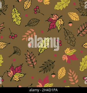 Seamless vector pattern with autumn leaves on green background. Simple seasonal nature wallpaper design. Decorative bright forest fashion textile. Stock Vector