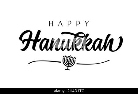 Happy Hanukka elegant calligraphy and menorah. Vectror hanukka black color candelabrum icon with eight branches and line isolated on white background Stock Vector