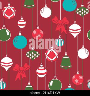 Seamless vector pattern with Christmas baubles on red background. Simple winter decoration wallpaper design. Festive fashion textile. Stock Vector