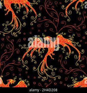 Seamless vector pattern with phoenix fire on black background. Mythical bird wallpaper design. Fire bird fashion fabric style. Stock Vector