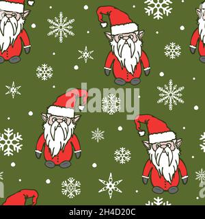 Seamless vector pattern with Santa Claus on green background. Seasonal winter wallpaper design with Christmas elf. Festive fashion textile. Stock Vector