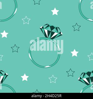 Seamless vector pattern with diamond ring on teal blue background. Simple romantic wedding wallpaper design. Decorative engagement fashion textile. Stock Vector