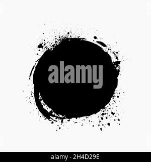 Paint brush stain with ink splashes. Grunge circle shape for frame, banner, text box, clipping masks or other art projects. Vector design element Stock Vector