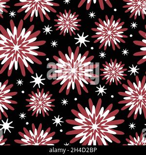 Seamless vector pattern with flower burst on black background. Abstract floral wallpaper design with stars. Starburst fashion textile texture. Stock Vector