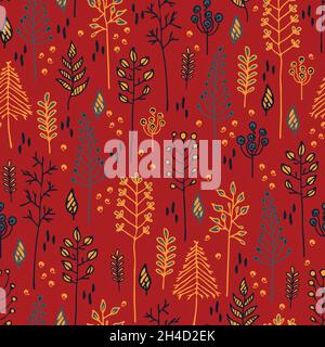 Seamless vector pattern with trees on red background. Simple floral wallpaper design with branches. Bright botanical fashion textile. Stock Vector