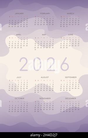 2026 calendar with lilac gradient fluid wave shapes. vertical annual template for print and digital. Week starts on Sunday Stock Vector