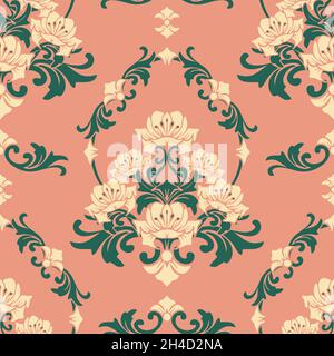 Seamless vector pattern with romantic flowers on pink background. Rococo floral wallpaper design with lilies. Decorative baroque fashion textile. Stock Vector