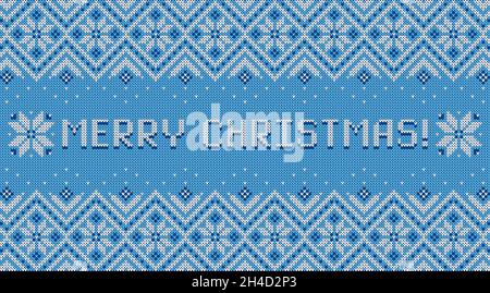 Merry Christmas banner with knitted background. Blue and white sweater pattern with traditional scandinavian ornament and greeting text. Vector Stock Vector