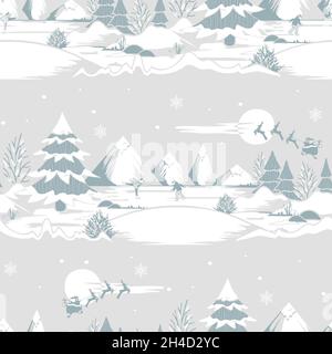 Seamless vector pattern with winter landscape on beige background. Simple Christmas wallpaper design. Decorative ice skating fashion textile. Stock Vector