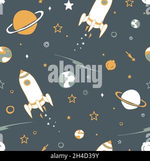 Seamless vector pattern with spaceship and planets on grey background. Fun cartoon galaxy wallpaper design for children. Spacecraft fashion textile. Stock Vector