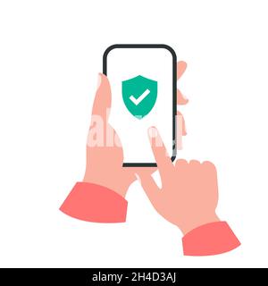 Smartphone in your hand concept. Shield check mark Stock Vector