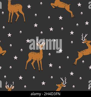 Seamless vector pattern with deer and stars on grey background. Simple animal dark wallpaper design. Elk footprints. Stock Vector