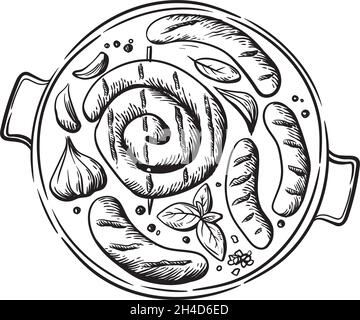 grilled sausages with barbecue pan sketch, hand drawn Stock Vector
