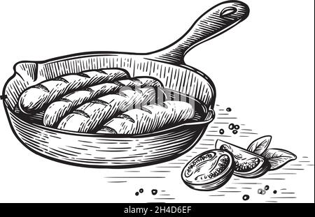 fried sausages in a frying pan sketch Stock Vector