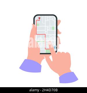 Smartphone in hand concept. Gps map with pins Stock Vector