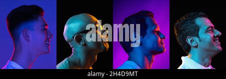 Composite image made of side view of male portrait isolated on colored neon backgorund. Concept of equality, unification of all nations, ages and Stock Photo