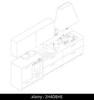 Contour of the kitchen from black lines isolated on a white background. Isometric view. Vector illustration Stock Vector