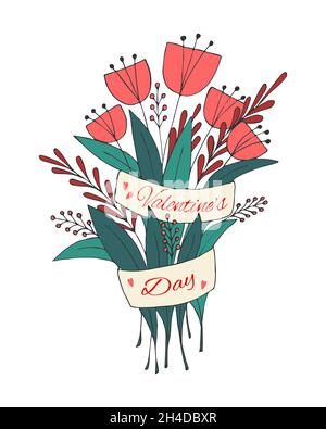 Bouquet Valentines Day style doodling, flowers and ribbon hand-drawing. Postcard, background, backdrop, congratulations. Isolated, white background. Vector illustration Stock Vector