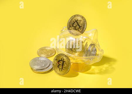 Bitcoin background, cryptocurrency virtual currency market concept. Gold silver bitcoin coins with piggy bank on the background of a laptop with an ex Stock Photo