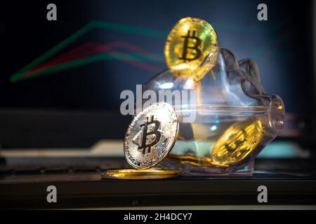 Bitcoin background, cryptocurrency virtual currency market concept. Gold silver bitcoin coins with piggy bank on the background of a laptop with an ex Stock Photo