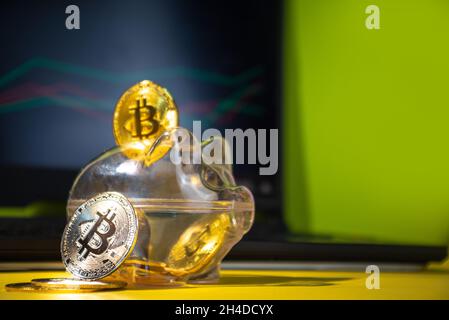 Bitcoin background, cryptocurrency virtual currency market concept. Gold silver bitcoin coins with piggy bank on the background of a laptop with an ex Stock Photo